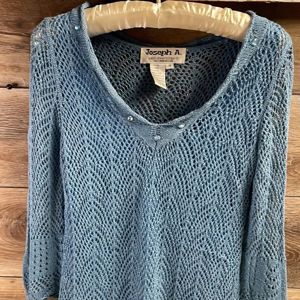 Joseph A Ladies Open Knit Sweater Sz Medium Blue W/Silver Threads Built in Camis